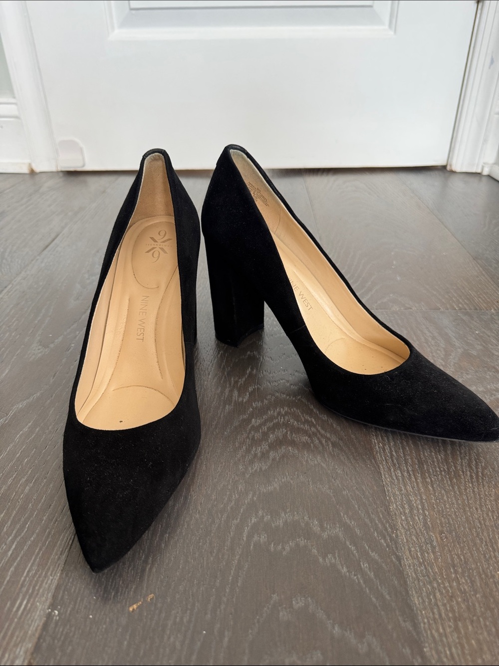 Nine West Black Suede Pointed Block Heel Pumps